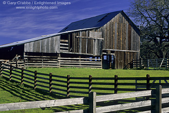 Wooden Barn and fence in hills above Dry Creek, Sonoma County, California