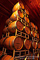 Wooden wine barrels stacked in wine celler at Lambert Bridge Winery, Sonoma County, California