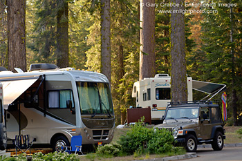 Motorhome Recreational vehicles camping in forest at Dorst Creek Campground, Sequoia National Park, California; Stock Photo photography picture image photograph fine art decor print wall mural gallery