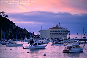 Picture: Red clouds at sunset over the Casino Building and boats in Avalon Harbor, Avalon, Catalina Island, California