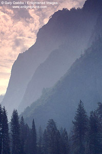 Looking up at Glacier Point on a hazy morning in Yosemite Valley, Yosemite National Park, California