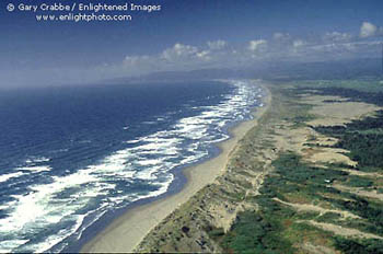 Aerial over breaking waves along mad River Beach, near Arcata, Humboldt County, California