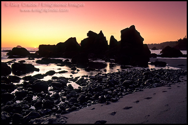 Photo: Footprints in sand beach at sunset at Luffenholtz Beach, near Trinidad, Humboldt County, California