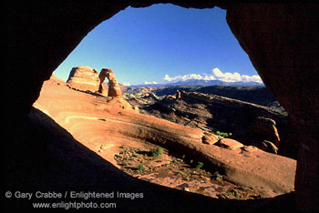 Delicate Arch seen through Frame Arch natural rock window, Arches National Park, Utah