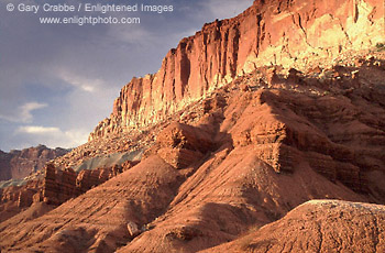 Sunset light on red rock cliffs, Capitol Reef National Park, Southern Utah