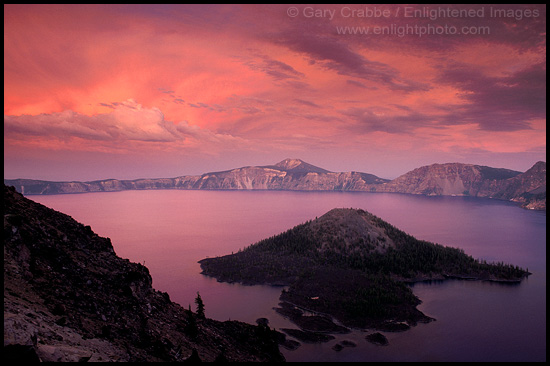Picture: Alpenglow on storm clouds over Crater Lake, Crater Lake National Park, Oregon