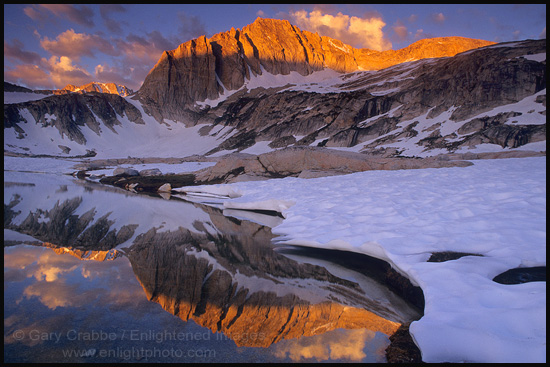 Picture: Alpenglow at sunrise on North Peak, Twenty Lakes Basin, Eastern Sierra, California