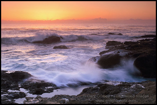 Picture: Sunset over waves at Point Lobos, Monterey County coast, California