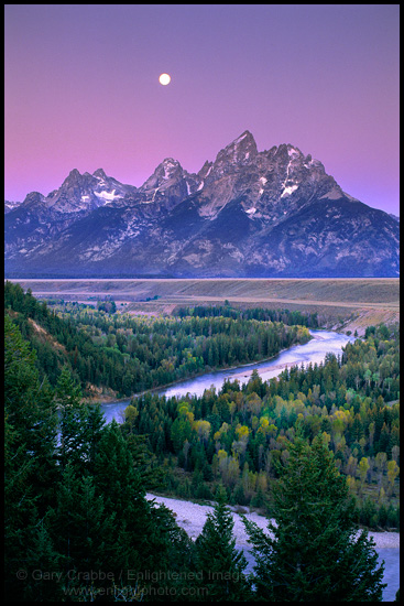 Picture: Moonset over mountains from Snake River Overlook, Grand Teton National Park, Wyoming