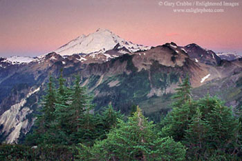 Pre-dawn light over Mount Baker volcano, Cascade Mountain Range, Washington