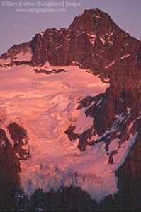 Alpenglow at sunset on hanging glacier on Mount Shuksan, Mount Baker National Recreation Area, Cascade Mountain Range, Washington