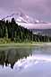 Mount Hood volcano reflected in Trillium Lake on a stormy morning, Mount Hood National Recreation Area, Oregon