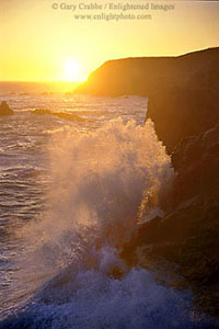 Wave crash on coastal rocks at sunset, Marin Headlands, California