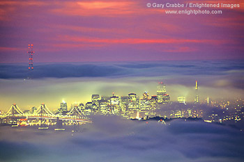 San Francisco in fog at sunset, from the Berkeley Hills, California