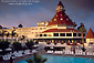 Sunset light on the western facade of the historic Hotel Del Coronado, Coronado Island, San Diego County, California