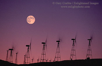 Full moon over windmills at Altamont Pass, California