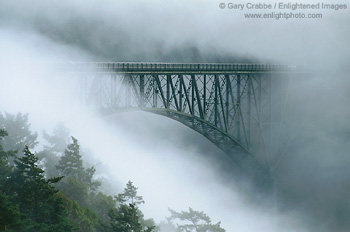 Photo: Deception Pass Bridge in fog, between Whidbey and Fidalgo Islands, near Anacortes, Washington