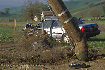 Image: Car wreck accident scene after hitting telephone pole, Contra Costa County, California