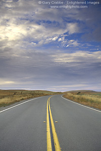 Picture: Double yellow no passing lines on curved tow lane rural road, Glenn County, California