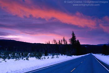 Picture: Straight road in winter along Highway 89 near McCloud, Siskiyou County, California