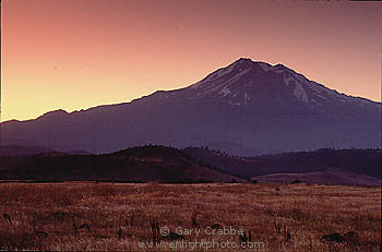 Sunrise over the North Ridge of Mount Shasta volcano,near Weed, Siskiyou County, Northern California