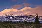 Sunset light on Mount Shasta volcano during a winter storm, near Weed, Siskiyou County, Northern California