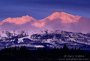 Alpenglow at sunset on Mount Shasta volcano after a winter storm, near Weed, Siskiyou County, Northern California