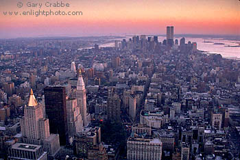 Sunset light over skyscrapers of the downtown Manhattan New York City skyline, Manhattan Island, New York