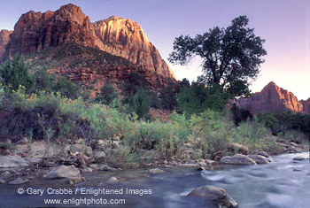 Last light on Bridge Mountain and The Watchman over the Virgin River, Zion National Park, Utah