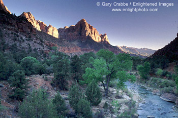 Sunset on the Watchman above the Virgin River, Zion National Park, Utah