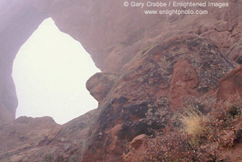 North Window Arch in fog, Windows Section, Arches National Park, California