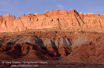 Sunset light on red rock cliffs, Capitol Reef National Park, Southern Utah