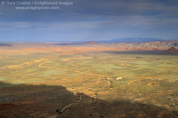 Photo: Afternoon light and storm clouds over desert floor in spring, from the Moki-Dugway, Valley of the Gods, Utah