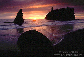 Sunset through storm clouds over sea stacks, Ruby Beach, Olympic National Park, Washington