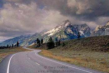 Twisting Mountain Road and Fall Storm Clouds, Grand Teton National Park, Wyoming