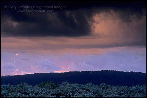 Photo: Glowing clouds at sunrise below dark storm clouds ov sagebrush, Grand Teton National Park, Wyoming