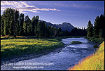 Side channel flow of the Snake River below Mt. Moran at sunset, Grand Teton Nat'l. Pk., WYOMING