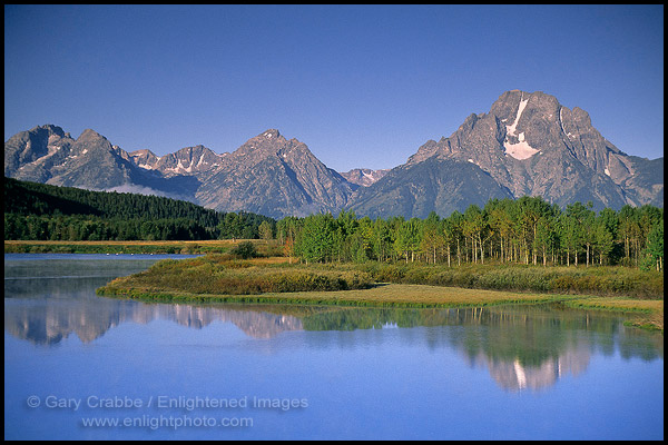 Photo: Mount Moran reflected in Clear blue sky and waterof the Snake River at Oxbow Bend, Grand Teton National Park, Wyoming