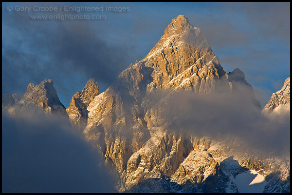 Photo: Sunrise light and clouds on the summit peak of the Grand Teton mountain, Grand Teton National Park, Wyoming