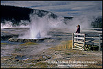 Photo: Tourist at boardwalk over look at Cliff Geyser, Black Sand Basin, Yellowstone National Park, WYOMING