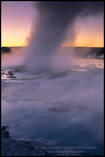 Photo: Steam cloud boiling out of Fountain Geyser in evening, Fountain Paint Pot area, Yellowstone National Park, Wyoming