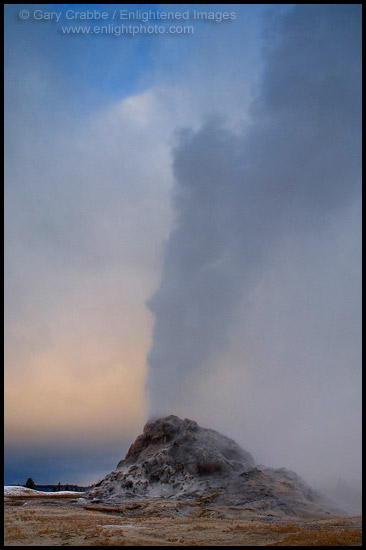 Photo: Steam venting from White Dome Geyser on a stormy autumn morning, Yellowstone National Park, Wyoming