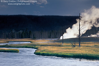 Steam rising from thermal geyser at the edge of the Firehole River, Biscuit Basin Geyser Area, Yellowstone National Park, Wyoming