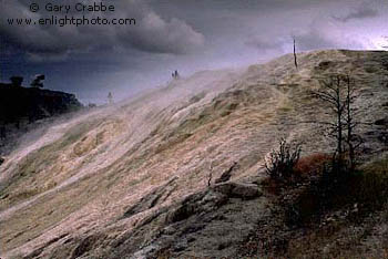 Storm clouds over Painted Terrace, Mammoth Hot Springs Region, Yellowstone National Park, Wyoming